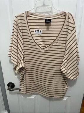 Casual V-Neck Striped Blouse in Beige and Light Brown by Trellis